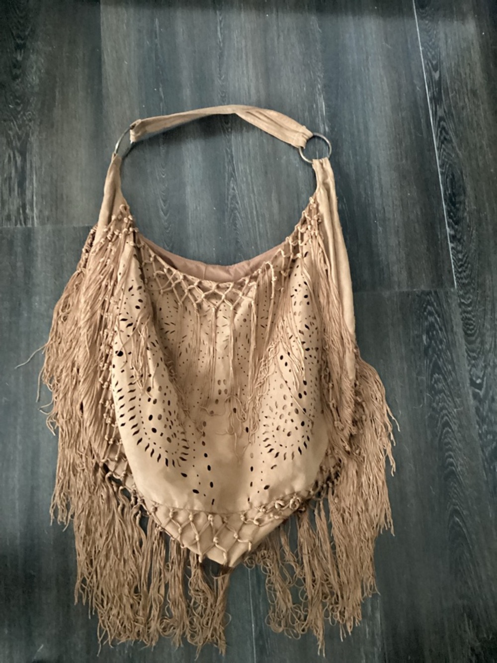 The lightest weight Bohemian Fringed Suede Hobo Bag in Tan faux suede-like